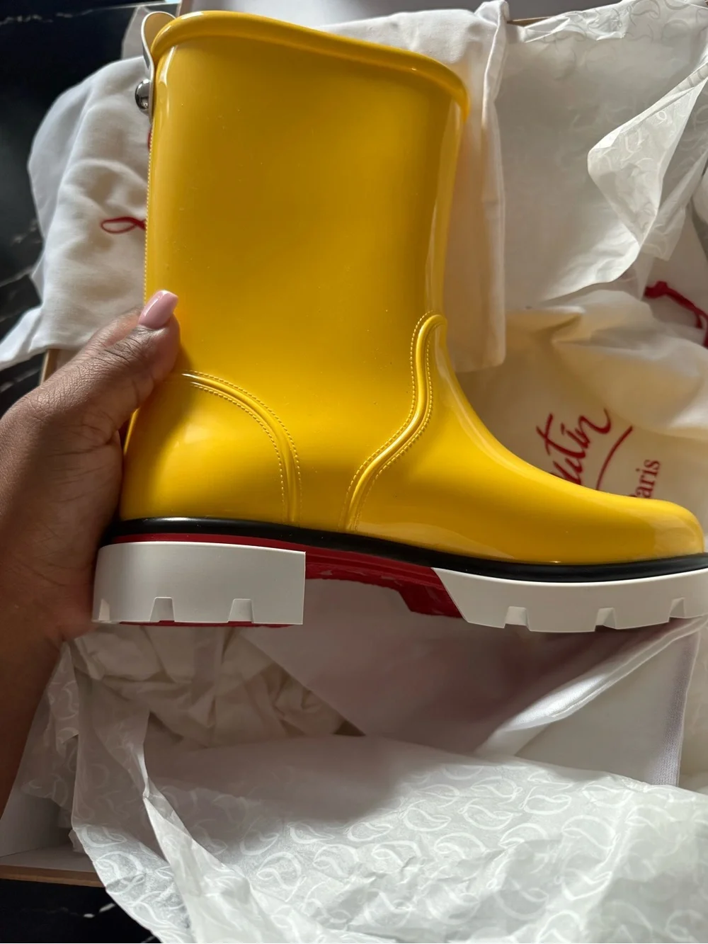 BRAND NEW Christian Louboutin Glossy Yellow Rain Boots ORIGINAL BOX & DUST BAGS